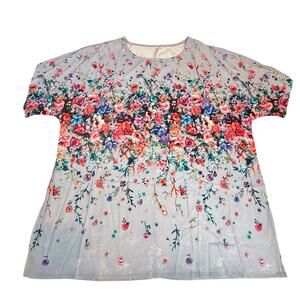 NIB Grey Background Floral Print Short Sleeve Popover Top Lightweight Round Neck